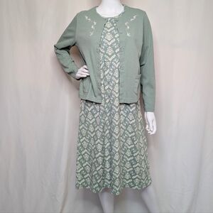 90s Y2K Sage Green Abstract Pattern Babydoll Midi Dress & Cardigan Set